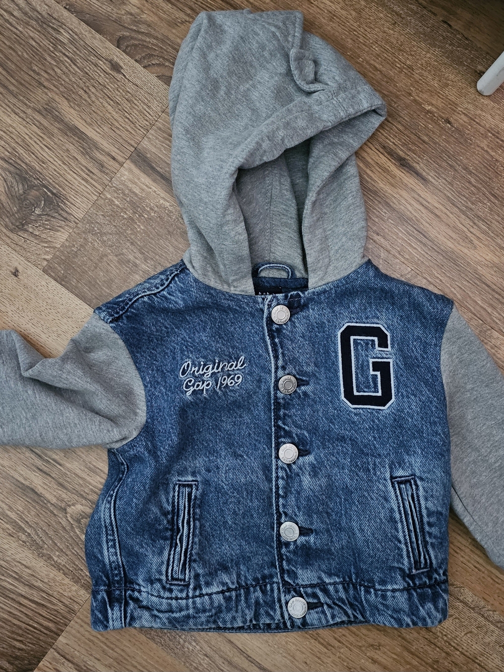 GAP Blue Denim Jacket with Gray Hood and Sleeves